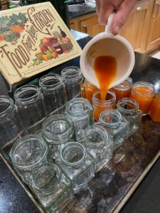 Pouring rose-hip syrup into jars